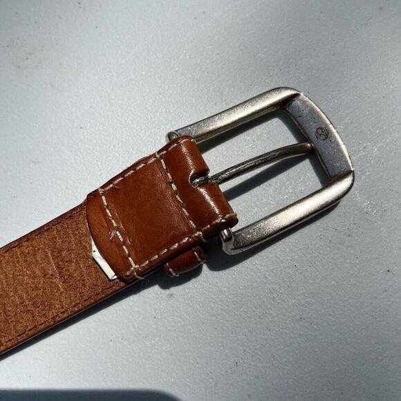 Timberland Tan Leather Belt Sz 34/85 Logo Buckle Contrast Stitching Unisex - Picture 7 of 9